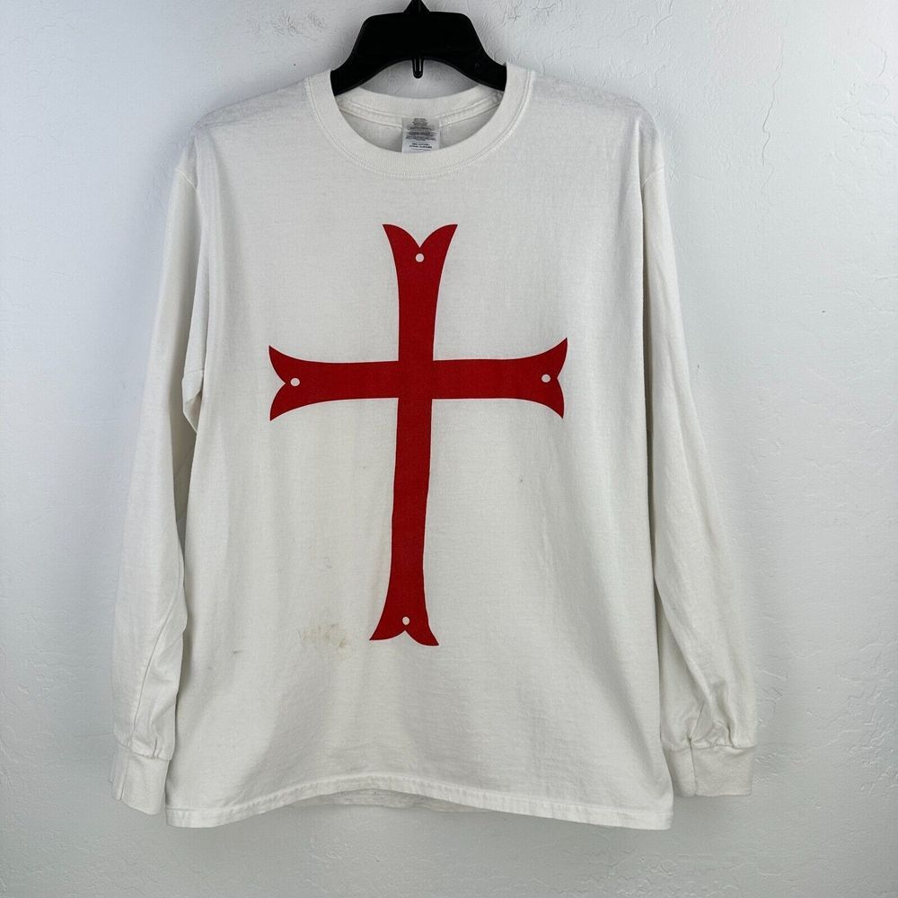 Gildan Tshirt Mens M White Red Cotton Knockout Firearms Crew Neck Long Sleeve